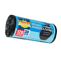 Мешки для мусора 120 л, с ушками, черные, в рулоне 30 шт., ПНД, 15 мкм, 1100х700 мм, Крепак, 4607075710375 в Воронеже